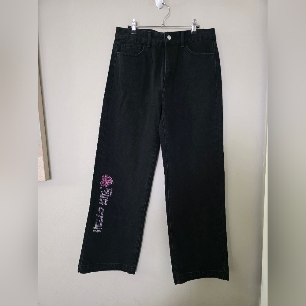 Forever 21 Black Straight-Leg Jeans w/ Rhinestone Hello Kitty Details – Size 29